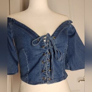 Denim Off-Shoulder Lace-Up Top
